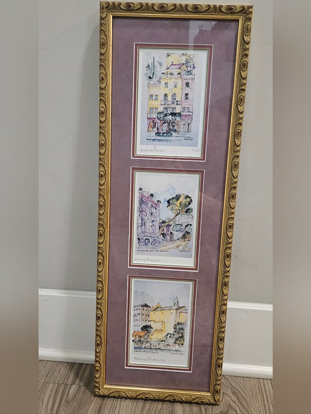 VTG 1999 Anna Branca Watercolor Prints Triptych Framed Italian Riviera Portofino